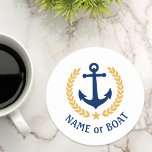 Your Boat Name Anchor Gold Laurel Star White Round Paper Coaster<br><div class="desc">A nautical themed,  personalized set of round paper coasters with your boat name,  family name or other desired text as needed. Featuring a custom designed vintage boat anchor,  gold style laurel leaves and star emblem on white or easily adjust the primary color to match your current theme.</div>