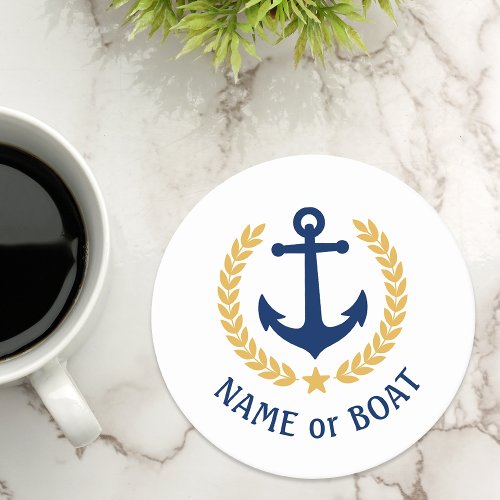 Your Boat Name Anchor Gold Laurel Star White Round Paper Coaster