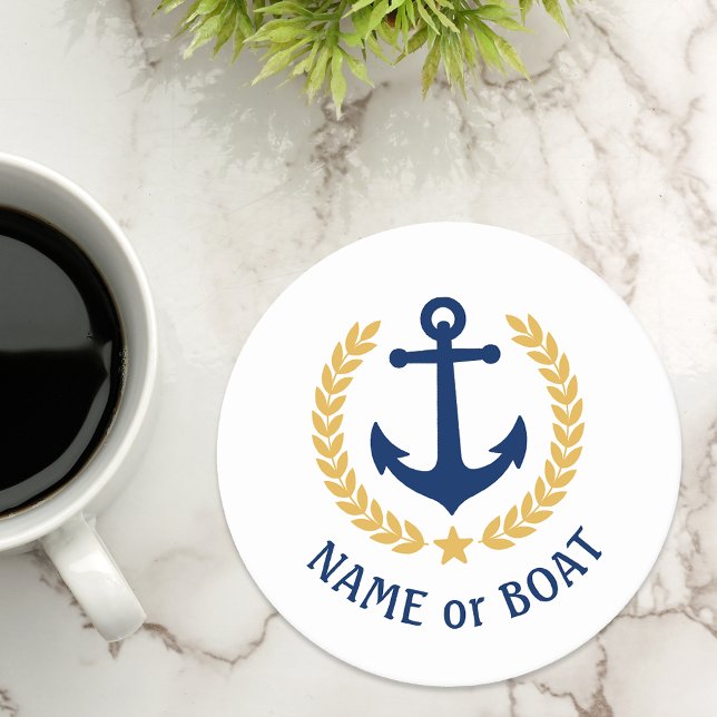Your Boat Name Anchor Gold Laurel Star White Round Paper Coaster (Creator Uploaded)