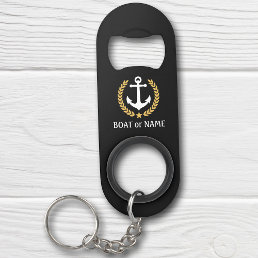 Your Boat Name Anchor Gold Style Laurel Black Keychain Bottle Opener