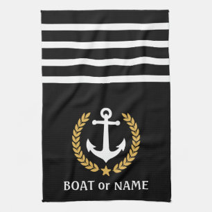 Your Boat Name Anchor Gold Style Laurel Black Kitchen Towel