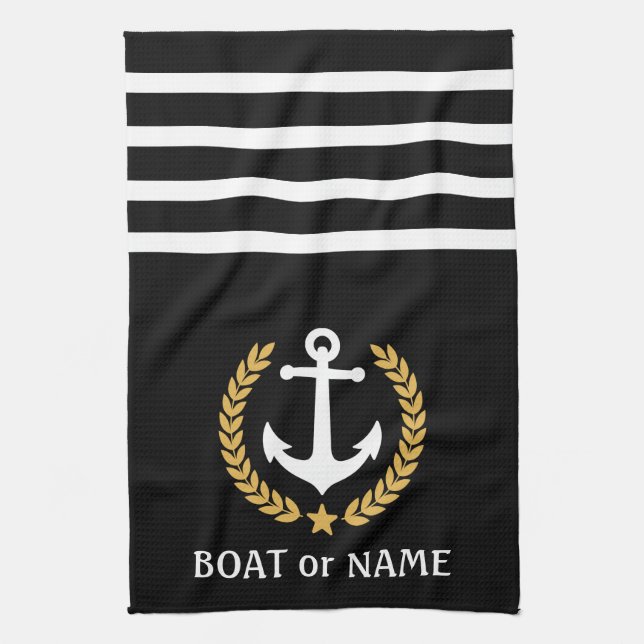 Your Boat Name Anchor Gold Style Laurel Black Kitchen Towel (Vertical)