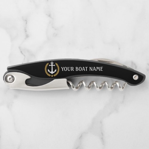 Your Boat Name Anchor Gold Style Laurel Black Waiters Corkscrew