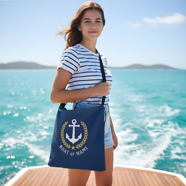 Your Boat Name Anchor Gold Style Laurel Blue Crossbody Bag (Creator Uploaded)