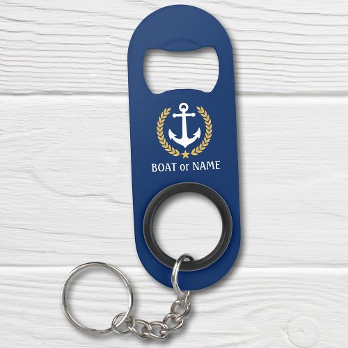 Your Boat Name Anchor Gold Style Laurel Blue Keychain Bottle Opener