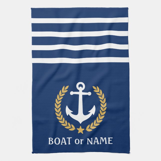 Your Boat Name Anchor Gold Style Laurel Blue Kitchen Towel (Vertical)
