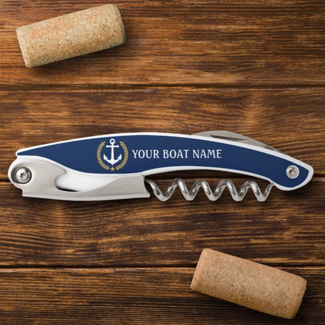 Your Boat Name Anchor Gold Style Laurel Blue Waiter's Corkscrew (Creator Uploaded)