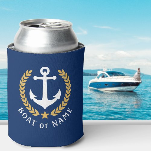 Your Boat Name Anchor Gold Style Laurel Navy Blue Can Cooler
