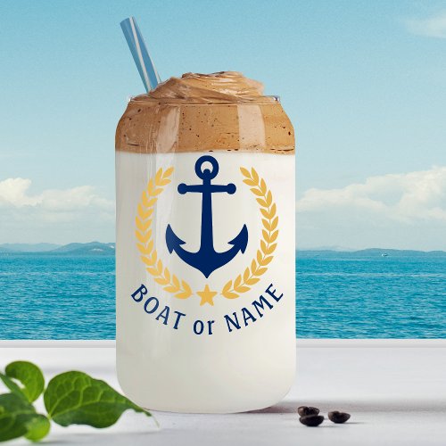 Your Boat Name Anchor Gold Style Laurel Navy Blue Can Glass