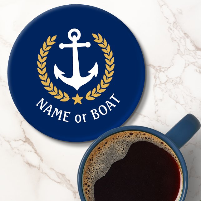 Your Boat Name Anchor Gold Style Laurel Navy Blue Coaster Set (Creator Uploaded)