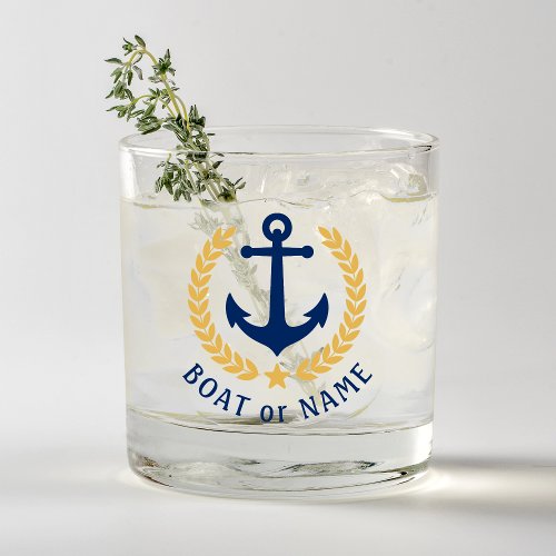 Your Boat Name Anchor Gold Style Laurel Navy Blue Whiskey Glass
