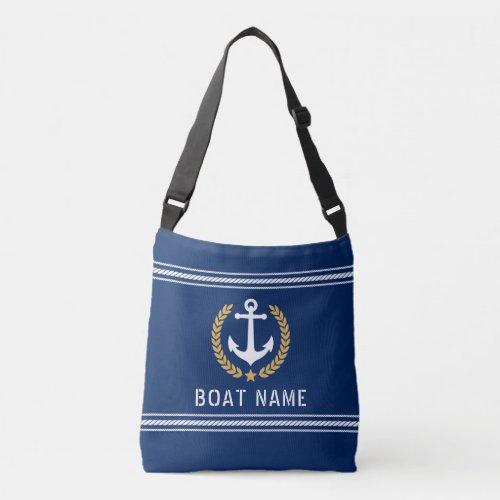 Your Boat Name Anchor Gold Style Laurel Rope Navy Crossbody Bag