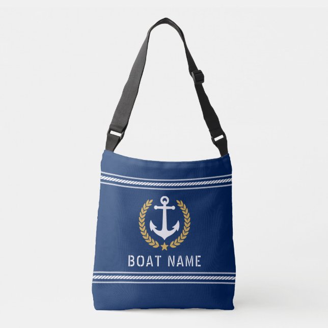 Your Boat Name Anchor Gold Style Laurel Rope Navy Crossbody Bag (Front)
