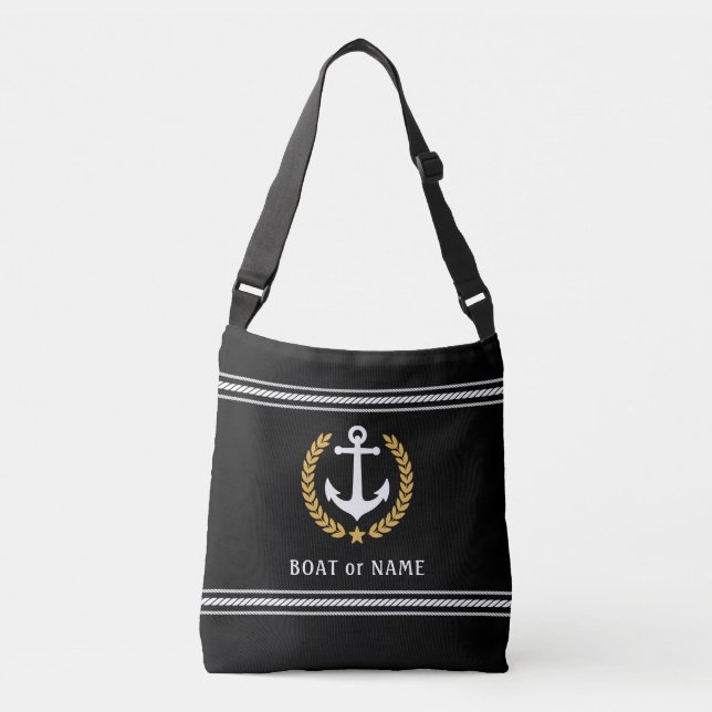 Your Boat Name Anchor Gold Style Laurel Striped Crossbody Bag (Front)