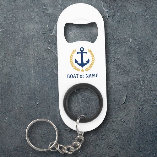 Your Boat Name Anchor Gold Style Laurel White Keychain Bottle Opener