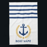 Your Boat Name Anchor Gold Style Laurel White Kitchen Towel<br><div class="desc">Personalize your home with kitchen towels displaying your boat name,  family name or other desired text. Featuring a custom designed nautical boat anchor,  gold style laurel leaves and star emblem on white with navy blue stripes or easily adjust the primary color to match your current theme.</div>