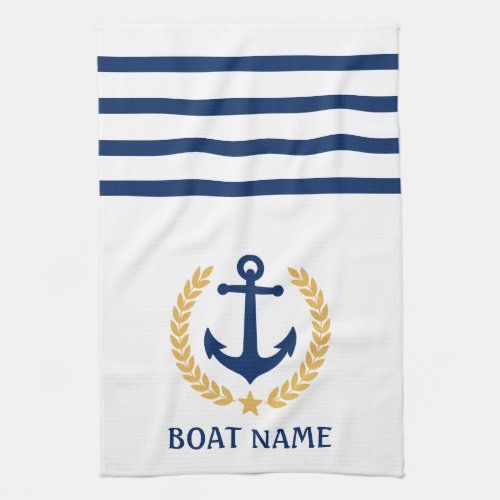 Your Boat Name Anchor Gold Style Laurel White Kitchen Towel
