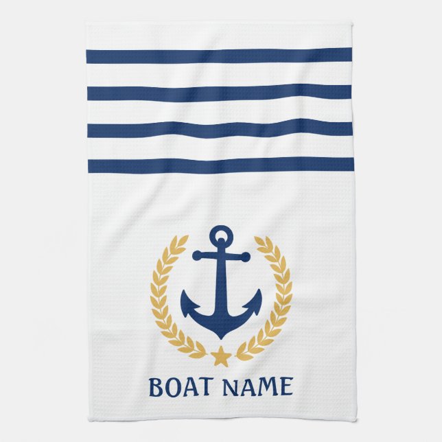 Your Boat Name Anchor Gold Style Laurel White Kitchen Towel (Vertical)