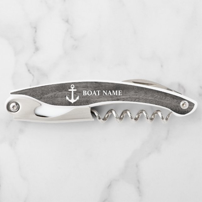 Your Boat Name Anchor Gray Wood Style Waiter's Corkscrew (Front)
