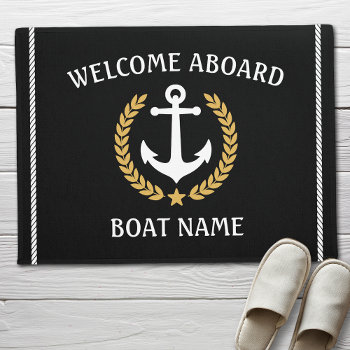 Your Boat Name Anchor Laurel Welcome Aboard Black Doormat by AnchorIsle at Zazzle