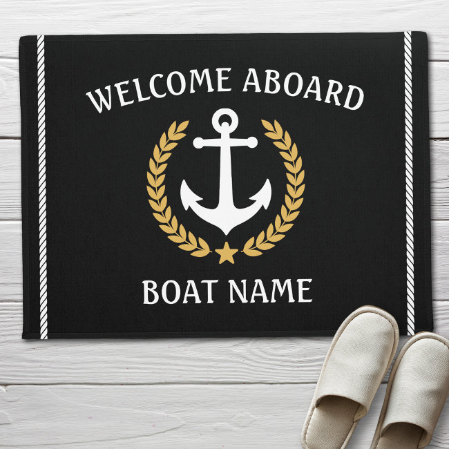 Your Boat Name Anchor Laurel Welcome Aboard Black Doormat