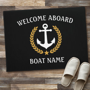 Your Boat Name Anchor Laurel Welcome Aboard Black Doormat