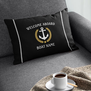 Your Boat Name Anchor Laurel Welcome Aboard Black Lumbar Pillow