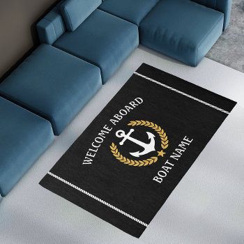 Your Boat Name Anchor Laurel Welcome Aboard Black Rug by AnchorIsle at Zazzle