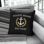 Your Boat Name Anchor Laurel Welcome Aboard Black Throw Pillow<br><div class="desc">Personalize your home with Welcome Aboard cushion pillows and your boat name,  family name or other desired text. Featuring a custom designed nautical boat anchor,  gold style laurel leaves and star emblem on black or easily adjust the primary color to match your current theme.</div>