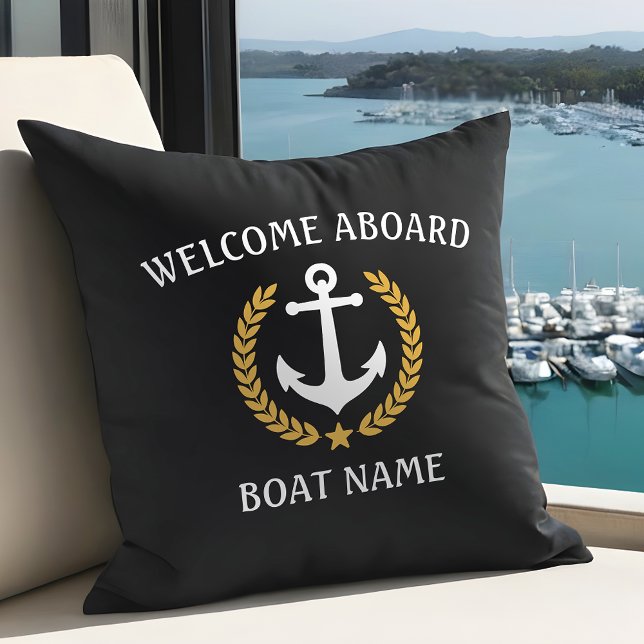 Your Boat Name Anchor Laurel Welcome Aboard Black Throw Pillow (Several fabric types and sizes to choose from. Select indoor or outdoor types.)