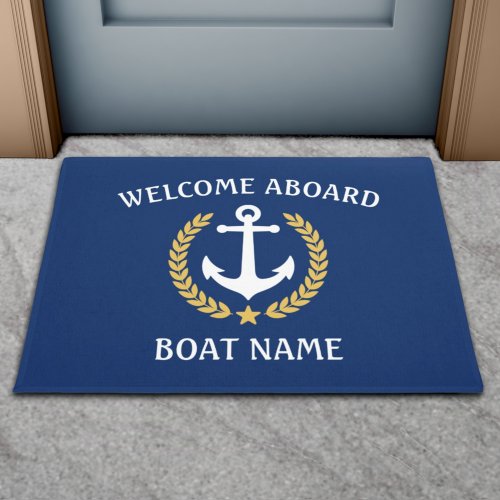 Your Boat Name Anchor Laurel Welcome Aboard Blue Doormat