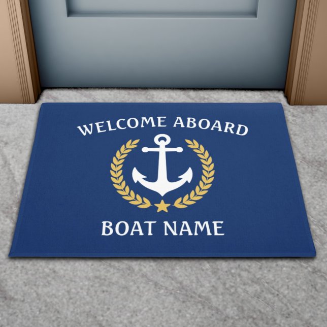 Your Boat Name Anchor Laurel Welcome Aboard Blue Doormat (Creator Uploaded)