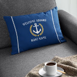 Your Boat Name Anchor Laurel Welcome Aboard Blue Lumbar Pillow<br><div class="desc">Personalize your home with Welcome Aboard lumbar cushion pillows including your boat name,  family name or other desired text. Featuring a custom designed nautical boat anchor,  gold style laurel leaves and star emblem on navy blue or easily adjust the primary color to match your current theme.</div>