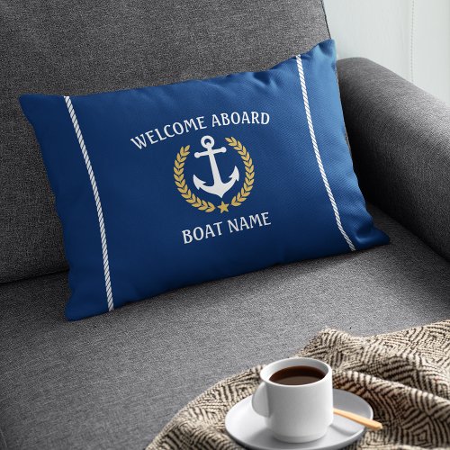 Your Boat Name Anchor Laurel Welcome Aboard Blue Lumbar Pillow
