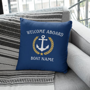 Your Boat Name Anchor Laurel Welcome Aboard Blue Throw Pillow