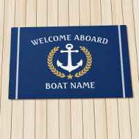 Your Boat Name Anchor Laurel Welcome Aboard Navy Doormat