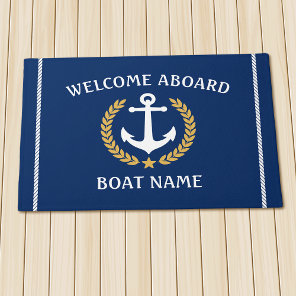 Your Boat Name Anchor Laurel Welcome Aboard Navy Doormat