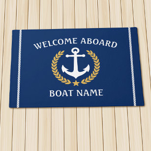Your Boat Name Anchor Laurel Welcome Aboard Navy Doormat