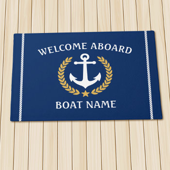 Your Boat Name Anchor Laurel Welcome Aboard Navy Doormat by AnchorIsle at Zazzle