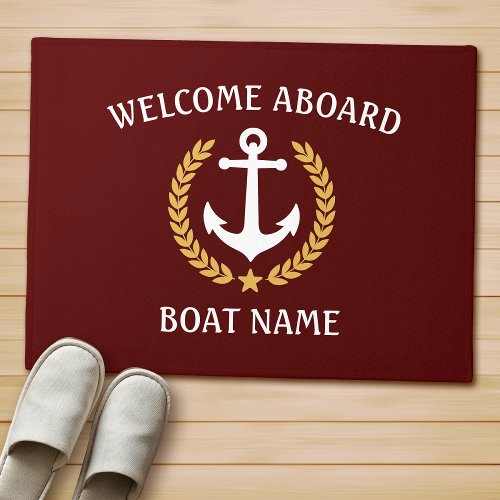 Your Boat Name Anchor Laurel Welcome Aboard Red Doormat