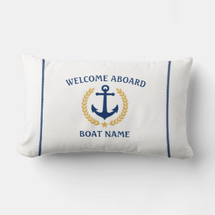 Your Boat Name Anchor Laurel Welcome Aboard White Lumbar Pillow