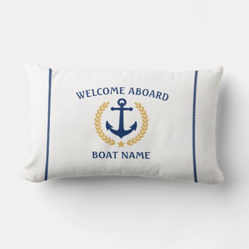 Your Boat Name Anchor Laurel Welcome Aboard White Lumbar Pillow