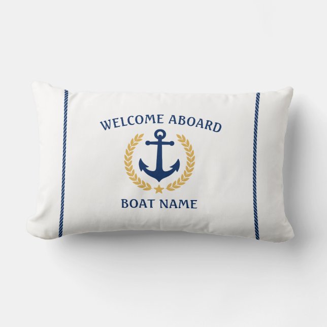 Your Boat Name Anchor Laurel Welcome Aboard White Lumbar Pillow (Front)