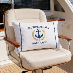 Your Boat Name Anchor Laurel Welcome Aboard White Lumbar Pillow