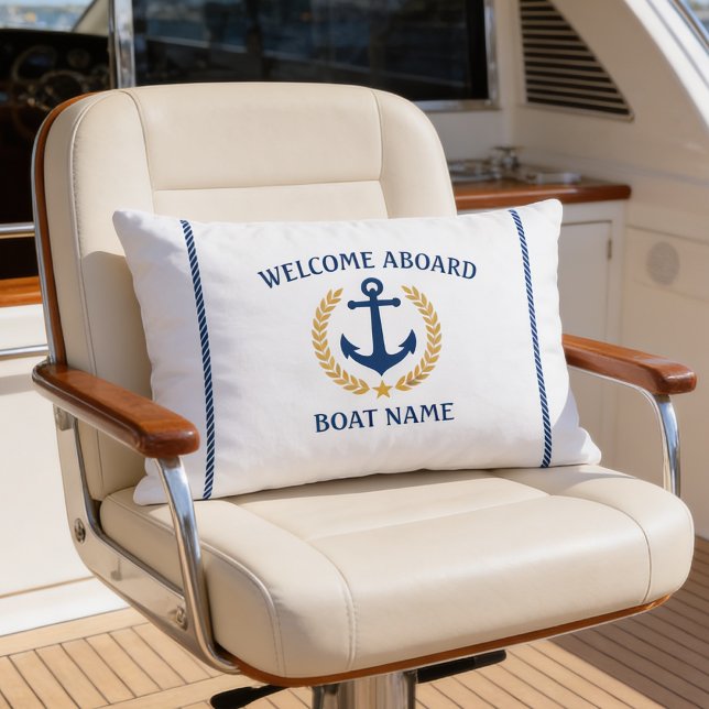 Your Boat Name Anchor Laurel Welcome Aboard White Lumbar Pillow (Creator Uploaded)