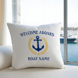 Your Boat Name Anchor Laurel Welcome Aboard White Throw Pillow at Zazzle