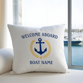 Your Boat Name Anchor Laurel Welcome Aboard White Throw Pillow by AnchorIsle at Zazzle