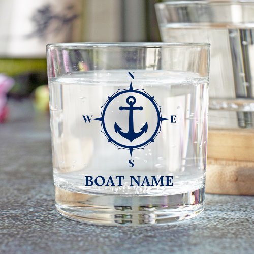 Your Boat Name Anchor Nautical Compass Navy Blue Whiskey Glass