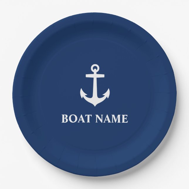 Your Boat Name Anchor Navy Blue 9" Paper Plates (Front)