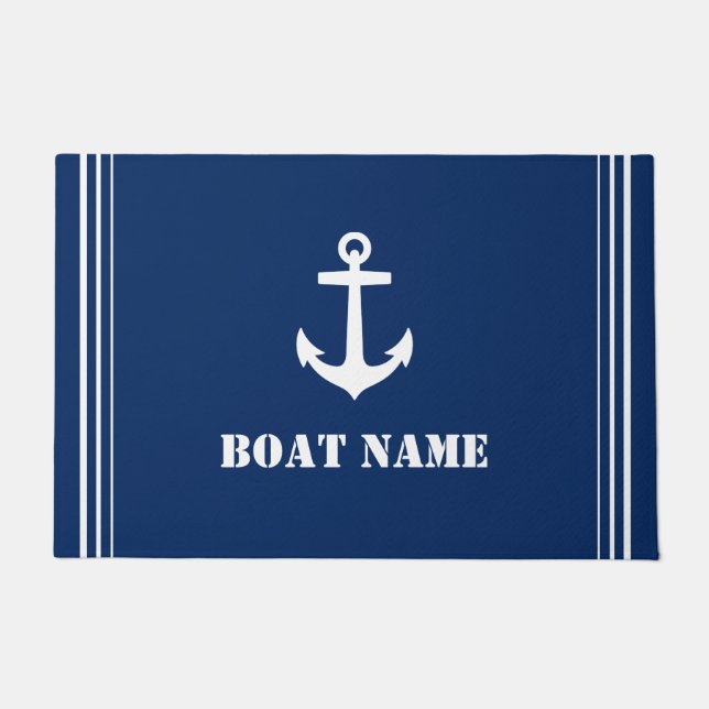 Your Boat Name Anchor Navy Blue Entryway Doormat (Front)